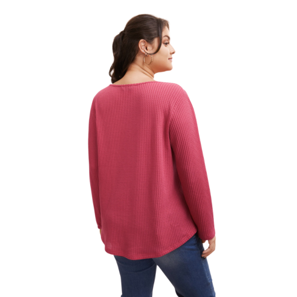 Plain Waffle Knit Scoop Neck Plicated Detail Rosered T-shirt - Image 3